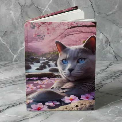 Russian Blue Cat Cherry Blossom Stream