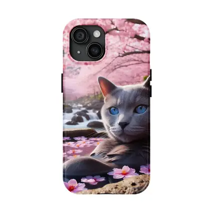 Russian Blue Cat Cherry Blossom Stream