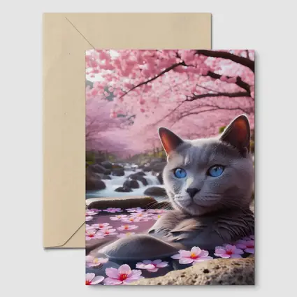 Russian Blue Cat Cherry Blossom Stream
