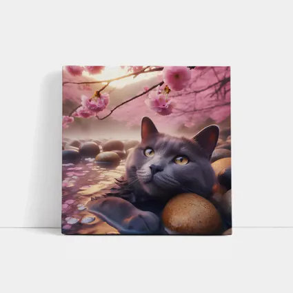 Gray Cat Resting Among Cherry Blossom Stones