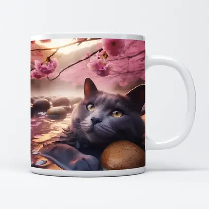 Gray Cat Resting Among Cherry Blossom Stones