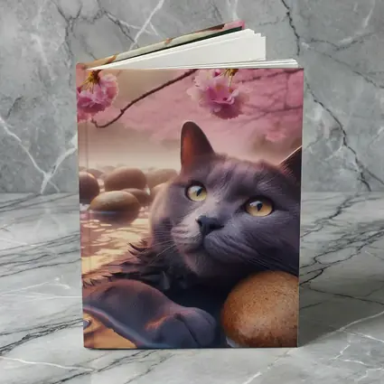 Gray Cat Resting Among Cherry Blossom Stones