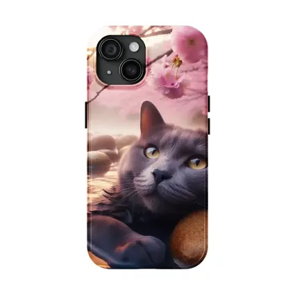 Gray Cat Resting Among Cherry Blossom Stones