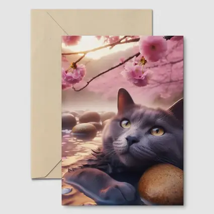 Gray Cat Resting Among Cherry Blossom Stones