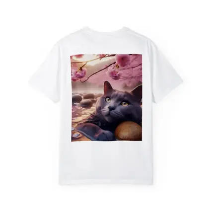 Gray Cat Resting Among Cherry Blossom Stones
