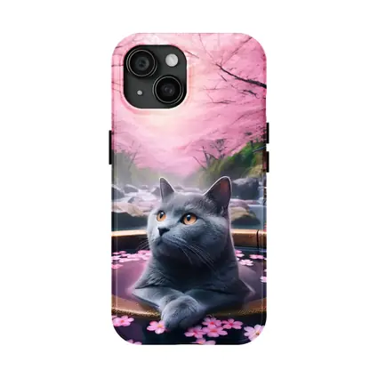 Russian Blue Cat Cherry Blossom Hot Spring
