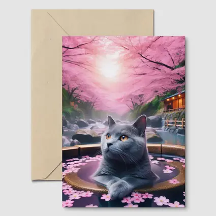 Russian Blue Cat Cherry Blossom Hot Spring