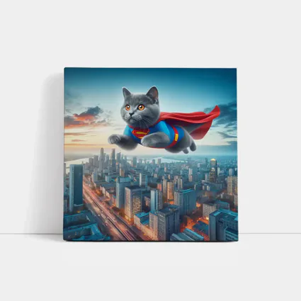 British Shorthair Cat Superman Flying City