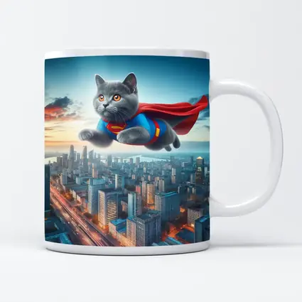 British Shorthair Cat Superman Flying City