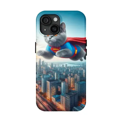 British Shorthair Cat Superman Flying City