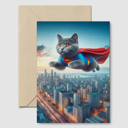 British Shorthair Cat Superman Flying City