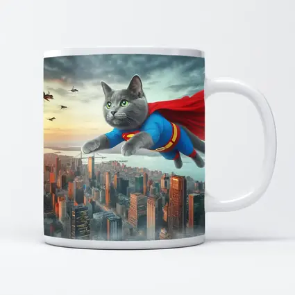 Gray Cat Superman Flying Over City