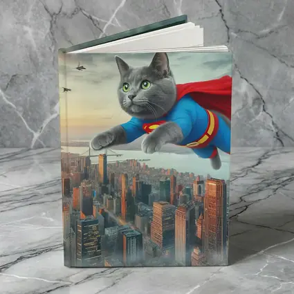 Gray Cat Superman Flying Over City