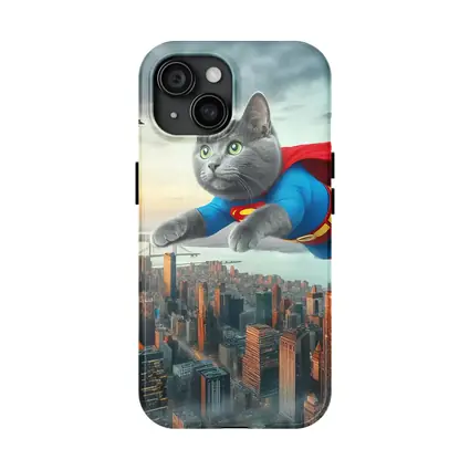 Gray Cat Superman Flying Over City