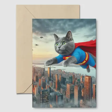 Gray Cat Superman Flying Over City