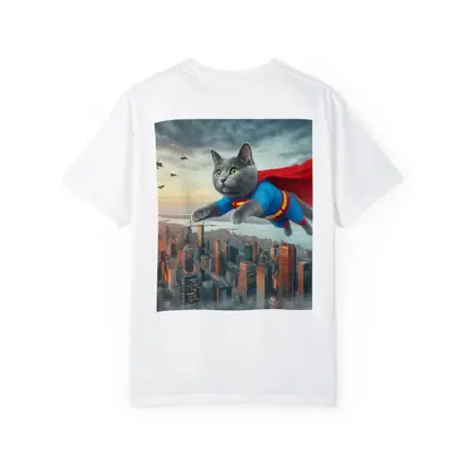 Gray Cat Superman Flying Over City