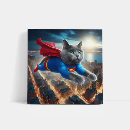 Russian Blue Cat Superhero Flying Over City