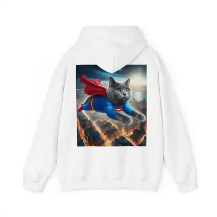 Russian Blue Cat Superhero Flying Over City