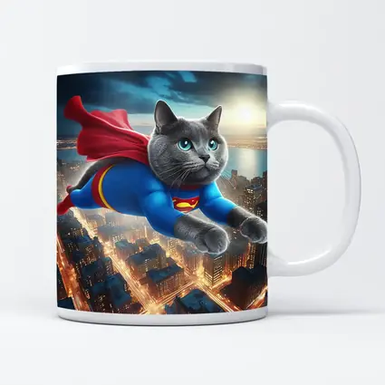 Russian Blue Cat Superhero Flying Over City