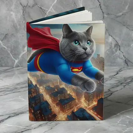 Russian Blue Cat Superhero Flying Over City