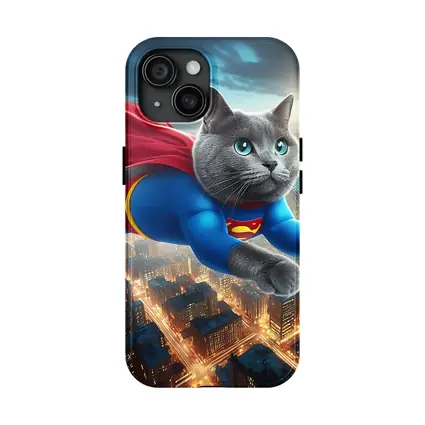 Russian Blue Cat Superhero Flying Over City