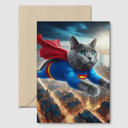 Russian Blue Cat Superhero Flying Over City
