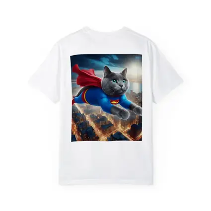 Russian Blue Cat Superhero Flying Over City