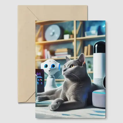 Gray Cat Among Smart Home Devices Indoors