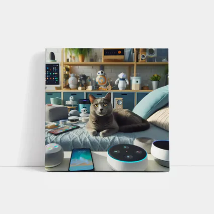 Gray Cat Relaxing Among Smart Home Gadgets