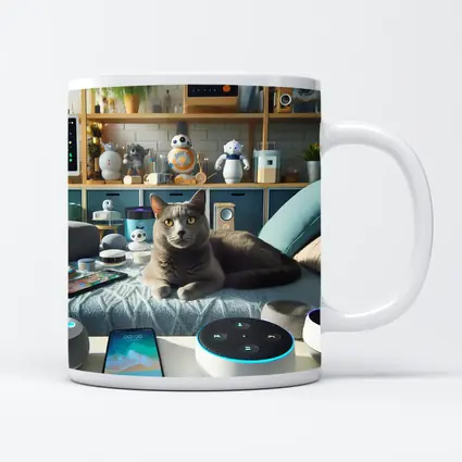Gray Cat Relaxing Among Smart Home Gadgets