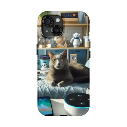 Gray Cat Relaxing Among Smart Home Gadgets