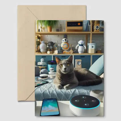Gray Cat Relaxing Among Smart Home Gadgets