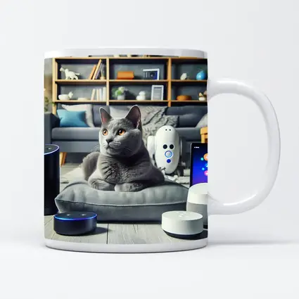 Chartreux Cat Resting Among Smart Home Devices