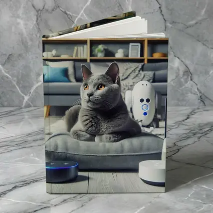 Chartreux Cat Resting Among Smart Home Devices