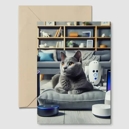 Chartreux Cat Resting Among Smart Home Devices