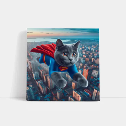 Gray Cat Superman Flying Over City