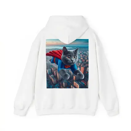 Gray Cat Superman Flying Over City