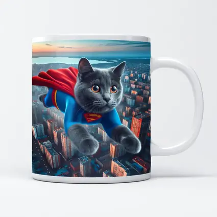 Gray Cat Superman Flying Over City