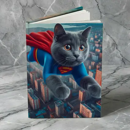 Gray Cat Superman Flying Over City