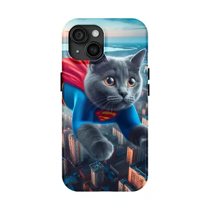 Gray Cat Superman Flying Over City