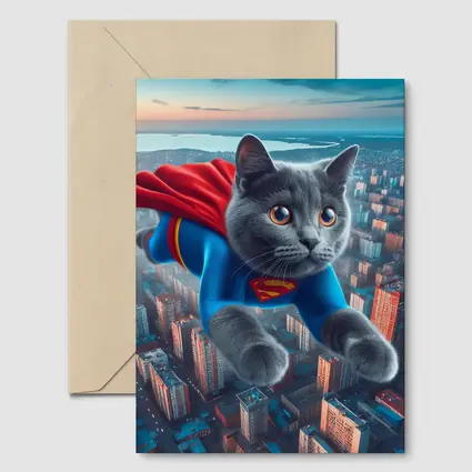 Gray Cat Superman Flying Over City