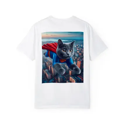Gray Cat Superman Flying Over City