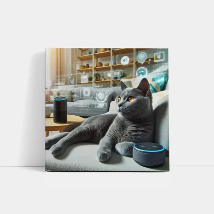 Gray Cat Relaxing With Smart Home Speakers