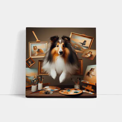 Shetland Sheepdog Leaping Through Painting Studio