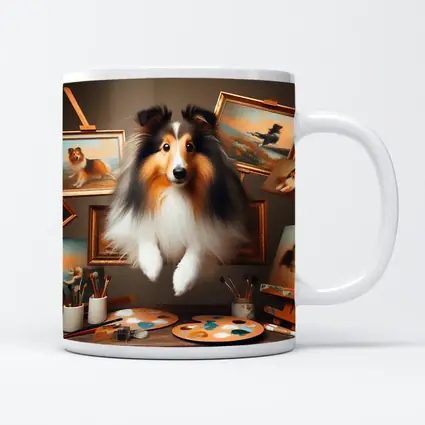 Shetland Sheepdog Leaping Through Painting Studio