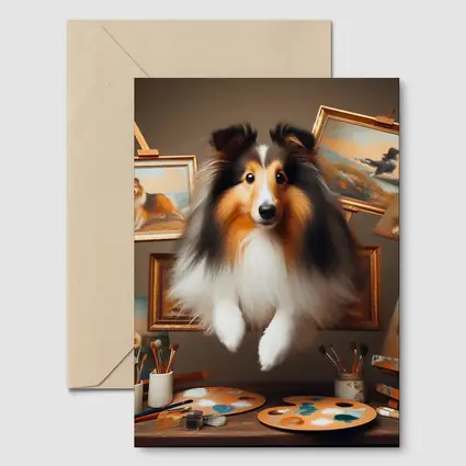 Shetland Sheepdog Leaping Through Painting Studio