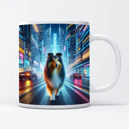 Shetland Sheepdog Walking Neon Cyberpunk City Street