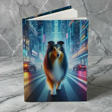 Shetland Sheepdog Walking Neon Cyberpunk City Street