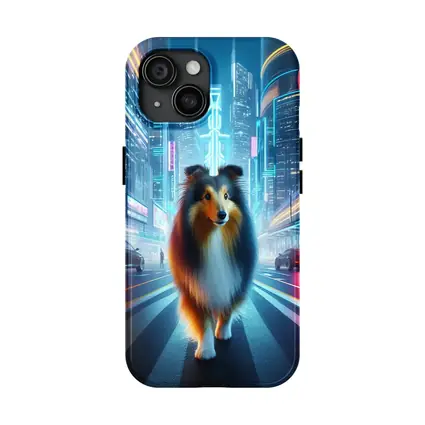 Shetland Sheepdog Walking Neon Cyberpunk City Street