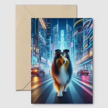 Shetland Sheepdog Walking Neon Cyberpunk City Street